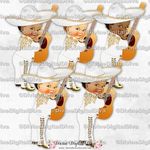 Mexicaanse Mariachi Jas Broek Hoed Sombrero Gitaar Muzikant Wit & Goud | Babyjongen 3 huidskleuren | Clipart direct downloaden