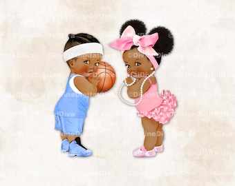 Basketball Blue Big Bow Pink Pearls Boy Girl Dark Tone Braids Puffs Clipart Instant Download