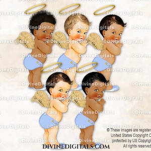 Little Prince Angel Wings & Halo Light Blue Gold Baby Boy Digital Clipart Images
