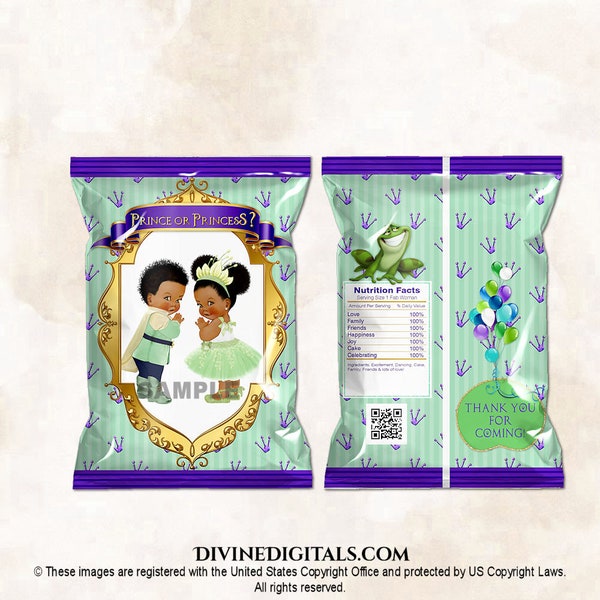 Gender Reveal Printable Chip Bags Prince or Princess Frog Purple Green Gold | Baby Girl Dark Tone Puffs | Digital Instant Download