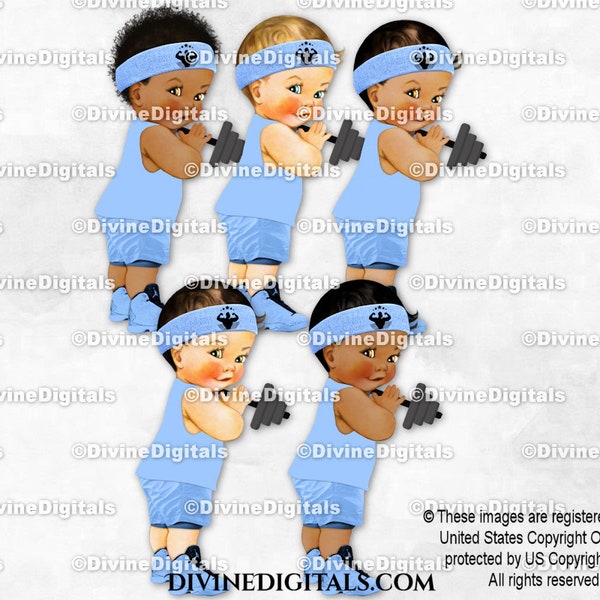 Fitness Little Prince Light Blue Tank Shirt Sneakers Barbell Gym Weights Workout | Baby Boy 3 Skin Tones | Clipart Instant Download