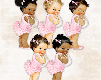 Pantalon princesse à volants, pantalon rose, chemise, perles, clipart bébé fille