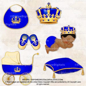 Slapende baby prins koningsblauwe en gouden kroon kussen koets schoenen slabbetje | Donkere kleur krullend babyjongen | Clipart direct downloaden