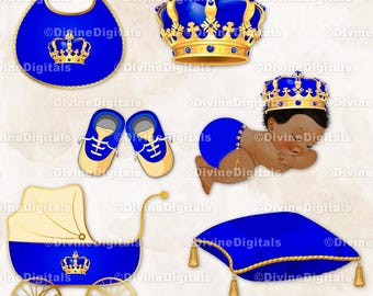 Slapende babyprins koningsblauwe & gouden kroon koets babyjongen donkere toon Clipart