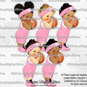 Jugador de baloncesto, camiseta blanca y rosa, pantalones cortos, zapatillas, banda para el sudor, pelota, niña, 3 tonos de piel, descarga instantánea de imágenes prediseñadas