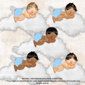 Slapende babyjongen op een wolk lichtblauwe broek | 3 huidtinten | Clipart direct downloaden