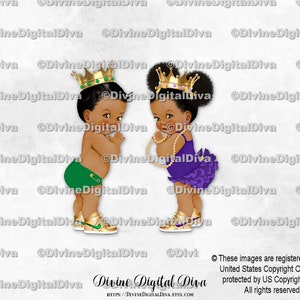 Little Prince Smaragdgroene Princess Purple Gold Crown-sneakers | Donkere toon babyjongensmeisje | Afro-Amerikaans | Clipart direct downloaden