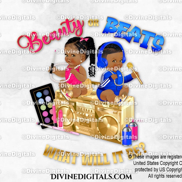 Beauty or Beats Hot Pink Royal Blue Gold for T Shirts and More | Baby Dark Tone Braids | African American | Gender Reveal | Instant Download