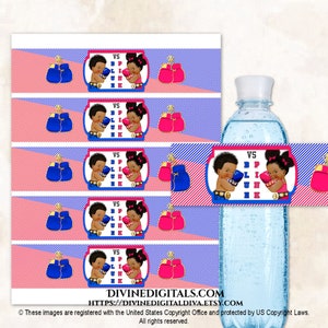 Etiquettes pour bouteilles d'eau de boxe sexuelles sexuelles vs roses bleues, bleu royal, rose vif | Bouffées de ton foncé pour bébé garçon fille | Clipart à téléchargement immédiat