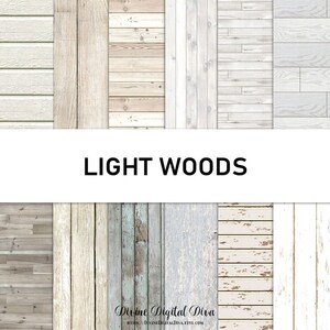 May include: A collection of light wood textures in various styles, including planks, panels, and weathered finishes. The image features a range of colors from white to light brown, with the text "LIGHT WOODS" in a bold font.