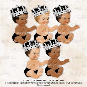 Kleiner Prinz Schwarz & Silber verzierte Krone | Sitzendes Baby 3 Hauttöne | Clipart Sofort Download