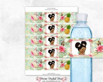 Tropical Island Luau Hawaii Water Bottle Label Pink Green Hibiscus Shell Pineapple | Baby Girl Dark Tone Puffs | Digital Instant Download