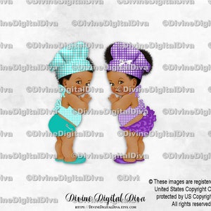 Little Chef BabyQ - Tablier chapeau vichy bleu sarcelle turquoise pourpre BabyQ | Peau Foncée Garçon Fille | Sexe révélateur des jumeaux | Clipart à téléchargement immédiat