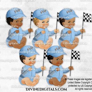 Kleiner Prinz Rennfahrer Hellblaue Jacke Hut Karo Flagge Racing | Sitzendes Baby 3 Hauttöne | Clipart Sofort Download