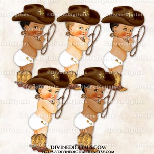 Piccolo cowboy con cappello marrone, stivali, sciarpa, lazo, bronco imbizzarrito, pannolino bianco / bambino maschio 3 tonalità di pelle / clipart download immediato