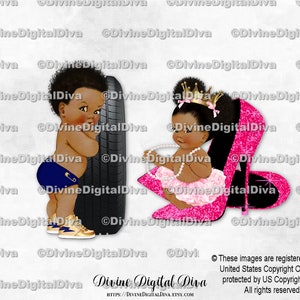 Ruedas o tacones azul marino rosa fuerte dorado / Bebé niño niña tono oscuro étnico afroamericano / Revelación de género gemelos / Descarga instantánea de imágenes prediseñadas