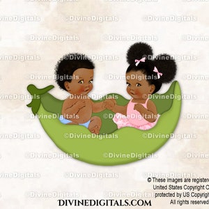 Babies in Pea Pod Blue Pink Boy & Girl Dark Tone Babies of Color Digital Clipart Image