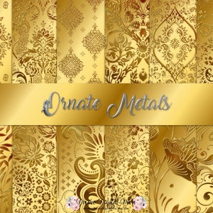 Papiers métalliques ornés d'or | Motifs floraux en volutes damassées métallisées brillantes |  Téléchargement instantané