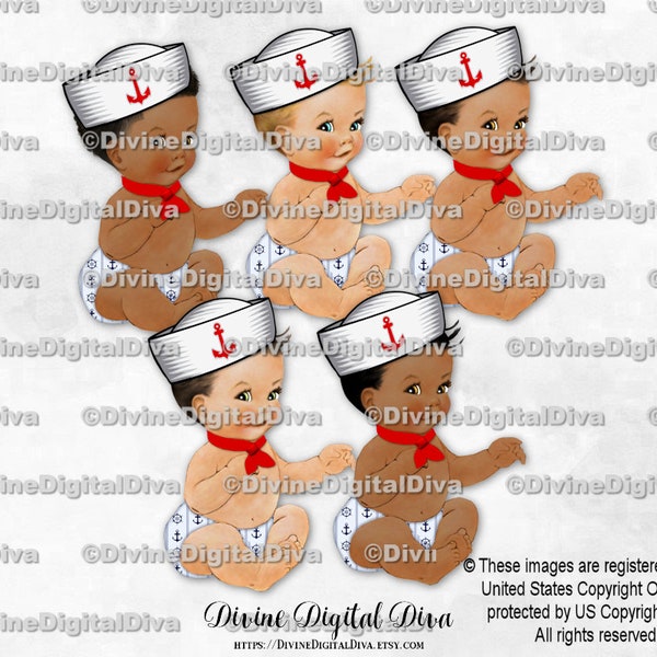 Little Prince Sailor Navy Blue Red White Hat Scarf Nautical Diaper Anchor | Sitting Baby Boy 3 Skin Tones | Clipart  Instant Download