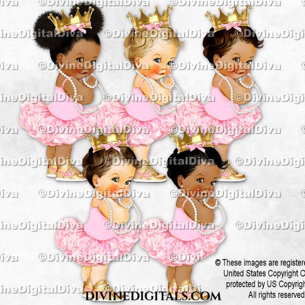 Princess Ballerina - Baskets dorées tutu roses, couronne de perles | 3 tons de peau de bébé fille | Clipart à téléchargement immédiat