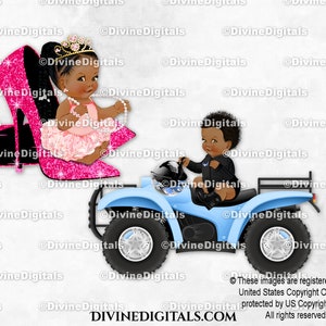 Ruedas o tacones ATV azul rosa fuerte sentado tacones altos / Trenzas de bebé niño niña tono oscuro / Revelación de género de gemelos / Descarga instantánea de imágenes prediseñadas