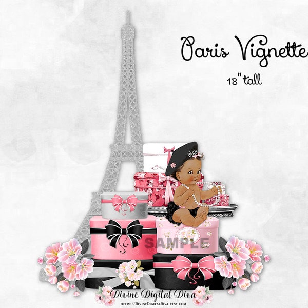 Paris Vignette Baby Girl Beret Cherry Blossoms Eiffel Tower Gift Boxes Pink Black Silver | Medium Tone | Clipart Instant Download