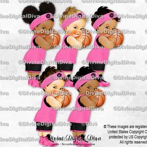 Basketball Player Schwarz & Pink Uniform Jersey Shorts Schweißband Turnschuhe | Baby Mädchen 3 Hauttöne Puffs | Clipart Sofort Download