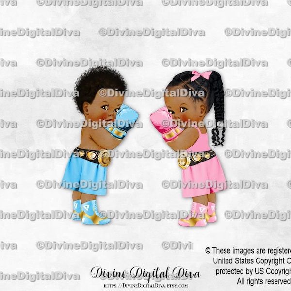 Baby Boxer Light Blue Pink Gold | Baby Boy & Girl Dark Tone Braids African American | Gender Reveal Twins | Clipart Instant Download