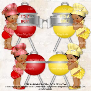 Delantal y gorro de cuadros vichy rojos, amarillos y blancos de Little Chefs para barbacoa, BabyQ, revelación de género, parrilla / Bebé niño niña, tono oscuro / Clipart, descarga instantánea