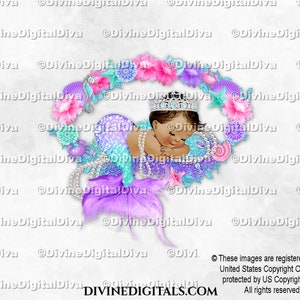 Sirena durmiendo sobre purpurina y diamantes Perlas Conchas Flores / Bebé niña Tono de piel medio / Clipart Descarga instantánea