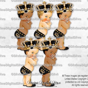 Zwarte en gouden Little Prince-riem met kwastjes versierde parel Fleur de Lis-kroon | Babyjongen 3 huidskleuren | Clipart direct downloaden