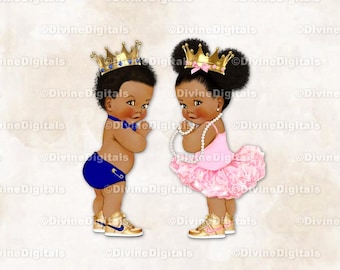 Prince Princess Blue Pink Tutu Gold Crown Sneakers | Baby Boy Girl Dark Tone African American | Gender Reveal | Clipart Instant Download