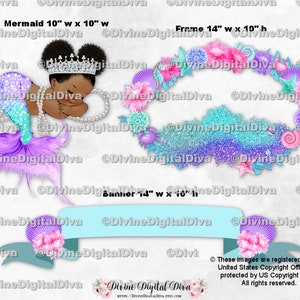 Cadre de lit et bannière scintillants séparés sirène Diamants Perles Coquillages Fleurs | Poufs bébé fille | Clipart à téléchargement immédiat