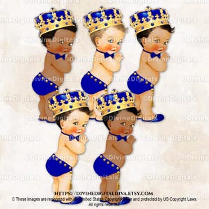 Little Prince Royal Navy Blue Diaper Ornate Gold Crown Tassel Belt Bow Tie | Baby Boy 3 Skin Tones | Clipart Instant Download