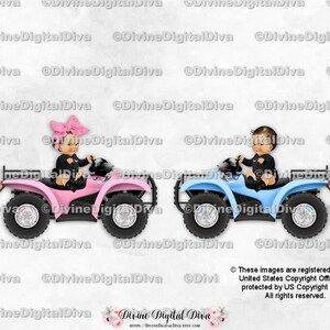 Little Prince & Princess Riding 4 roues VTT bleu rose avec noeud | Sexe brun clair bébé garçon fille assis | Clipart à téléchargement immédiat