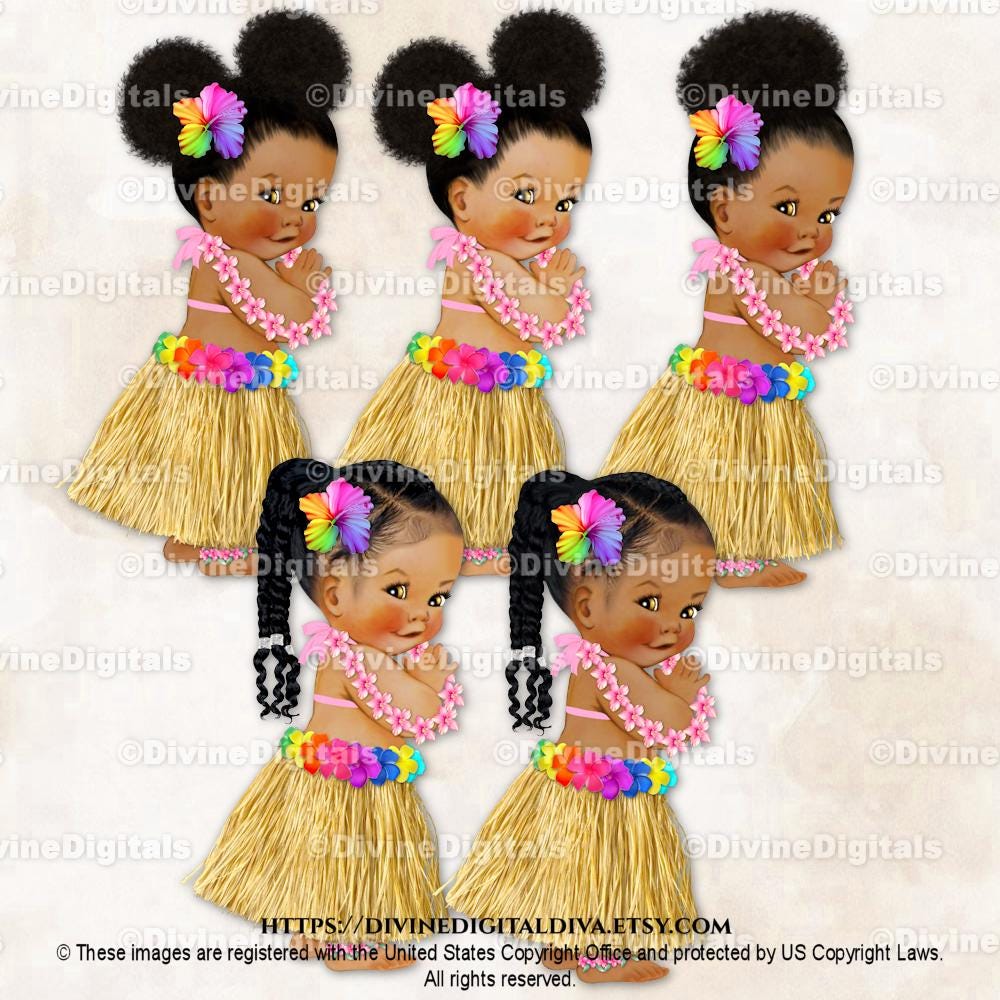 Hawaiian Tropical Island Luau Hula Grass Skirt Hibiscus Flowers | Baby Girl Babies of Color Polynesian Ethnic | Clipart Instant Download
