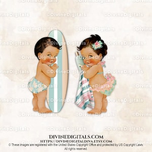 Bebés de playa, bikini surfero, Aloha, hawaiano, tropical, luau, rubor salvia, bebé niño niña, tono medio / revelación de género / clipart, descarga instantánea