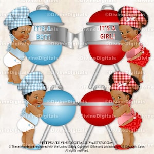 Little Chefs Red Blue White Gingham Check Hat Apron BBQ BabyQ Gender Reveal Grill | Baby Boy Girl Dark Tone | Clipart Instant Download