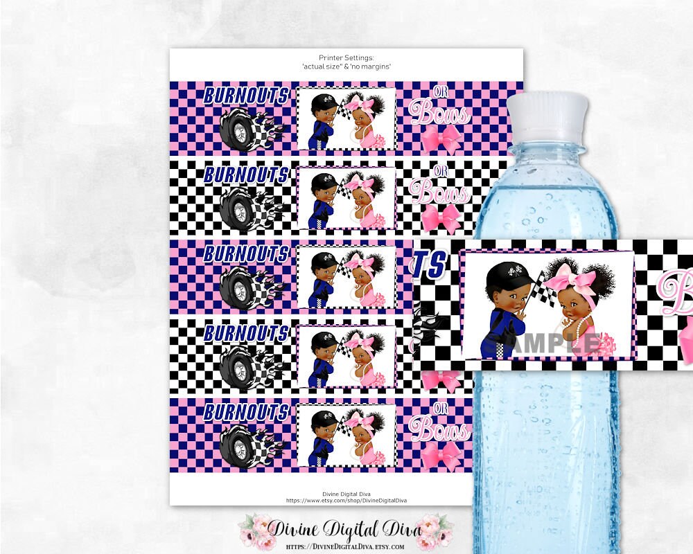 Racing Burnouts or Bows Gender Reveal Water Bottle Labels Pink Royal Blue |  African American Baby Boy Girl | Clipart Instant Download