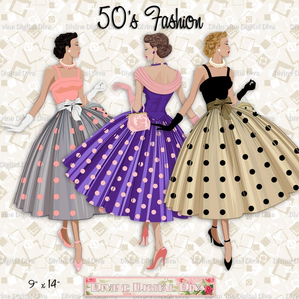 12 Fashion 50s Ladies Polka Dot Dress | Light Skin Tone Women High Heels Purses | Clipart Digital Images PNG Instant Download