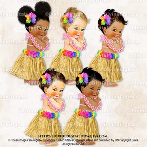 Falda de hierba hula hawaiana con flores de hibisco para luau tropical hawaiano / Niña en 3 tonos de piel / Clipart de descarga instantánea