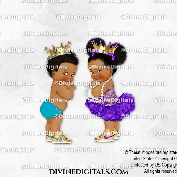 Baskets Prince Princess Ballerina Violet Turquoise Gold Crown | Ton foncé bébé garçon fille | Révéler le genre | Clipart à téléchargement immédiat