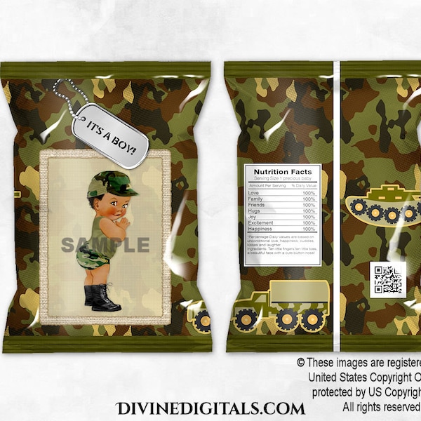 Printable Chip Bags Little Soldier Green Camo Army Military | Baby Boy Dark Tone | Ethnic African American | Digital Instant Download