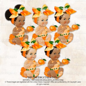 Little Cutie Orange Grün Big Bow Strass Schuhe Tangerine Clementine | Sitzendes Baby Mädchen 3 Hauttöne | Clipart Sofort Download