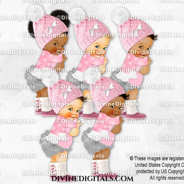 Baby It's Cold Winter Princess Pink & Silver Hat Scarf Boots | Baby Girl 3 Skin Tones | Clipart Download