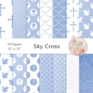Pacote de Papel Digital Blue Cross | Batismo | Casamento | Comunhão | Confirmação | Branco | Download Instantâneo