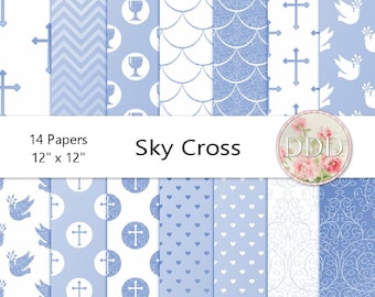 May include: A set of 14 digital papers in a light blue and white color scheme. The papers feature various patterns including crosses, doves, hearts, and a chalice. The text "Sky Cross" and "14 Papers 12" x 12" is included in the image.