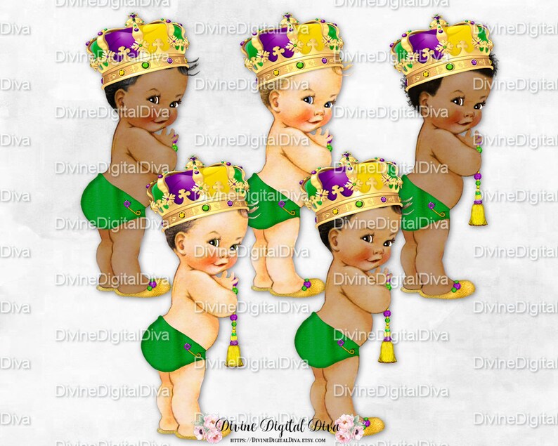 3 Skin Tones Clipart Instant Download Vintage Baby Boy Mardi Gras Little Prince Gold Purple Green Gems Crown Tassel