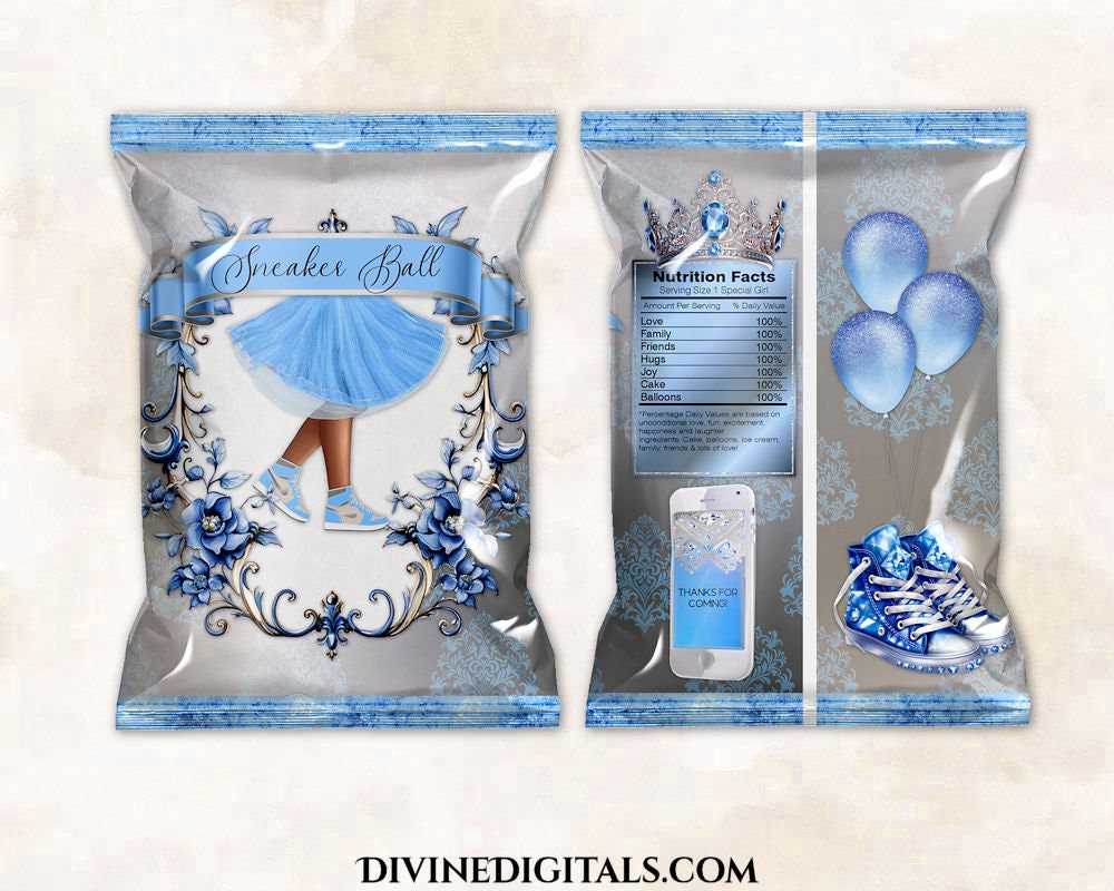 Printable Chip Bag Sneaker Ball Blue Silver Birthday Celebration Dark Tone Legs | Digital Instant Download