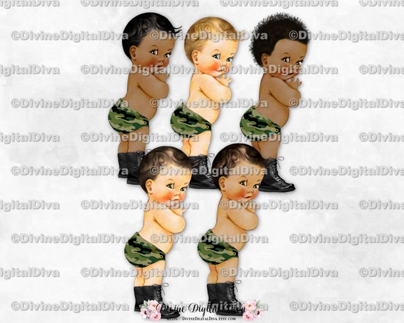 Baby Boy 3 Skin Tones Little Prince Purple Gold Combat Army Boots Diaper Clipart Instant Download